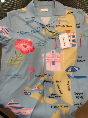 NWT Mavrans Miami Beach Print Short-Sleeve Camp Shirt - Sky Blue
